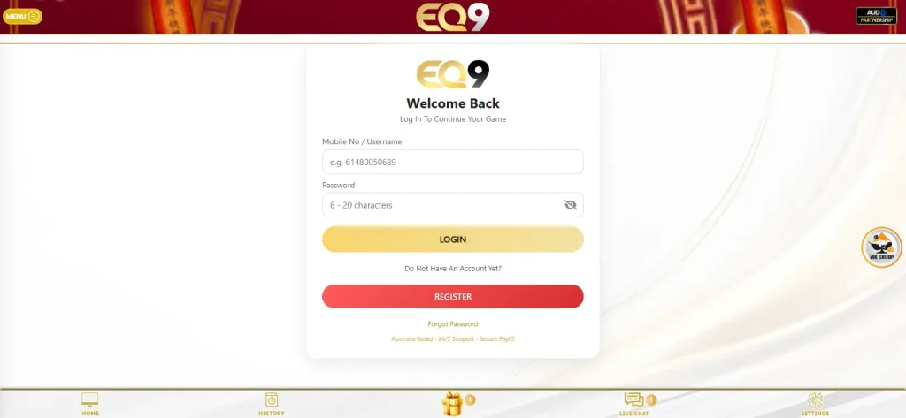 Current EQ9 registration or login interface