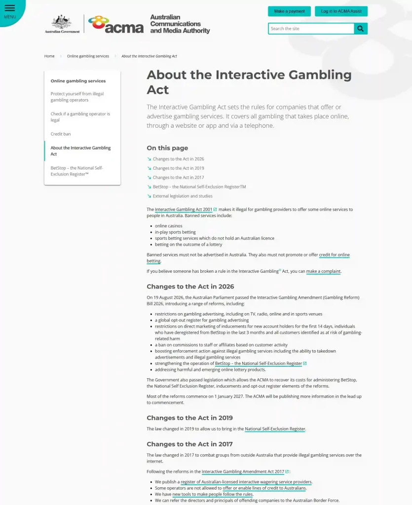 ACMA Interactive Gambling Act page explaining prohibited online gambling services and 2026 reforms