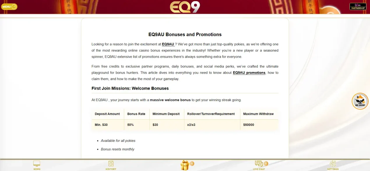 Current EQ9 promotions page showing live welcome and recurring bonus offers