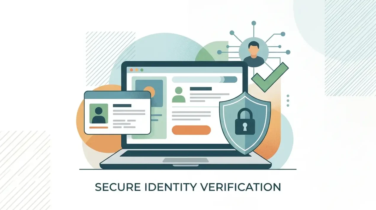 Privacy-conscious illustration of identity verification using neutral document and shield symbols