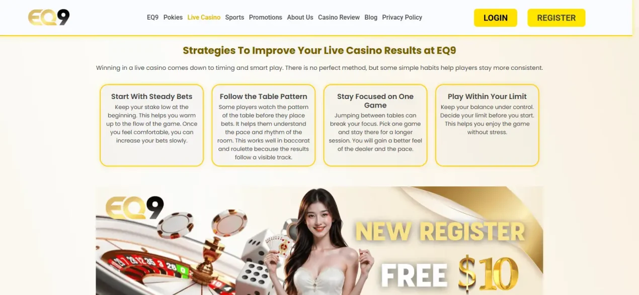 Current EQ9 live casino lobby showing real dealer table tiles