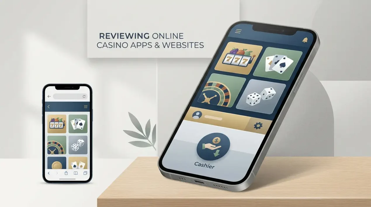 Illustration of a smartphone casino experience with neutral game, account and cashier interface elements
