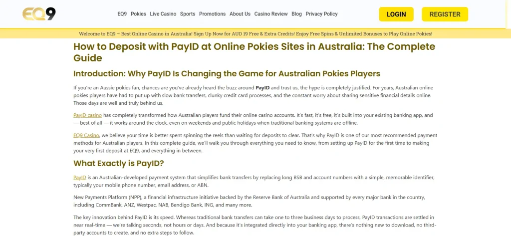 Current EQ9 PayID deposit guidance for Australian users