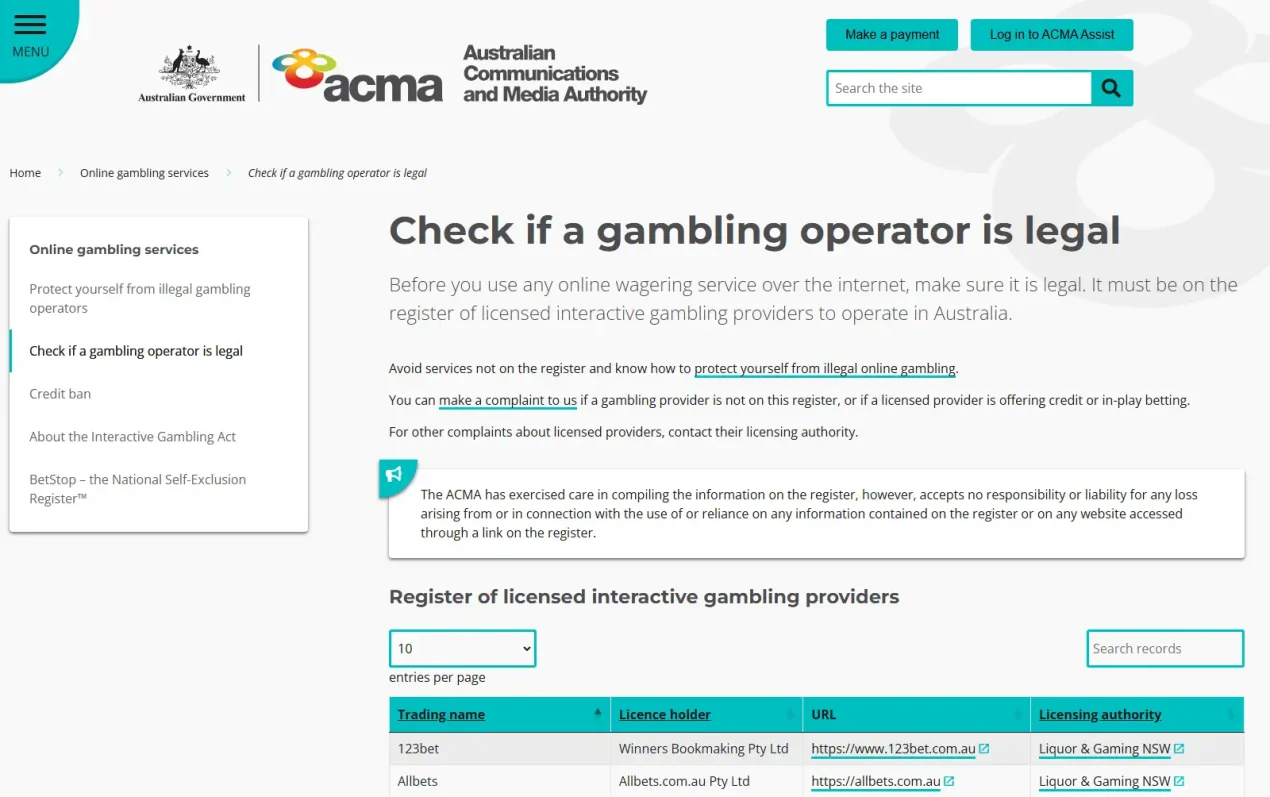 ACMA page used to check whether an online gambling operator is licensed in Australia