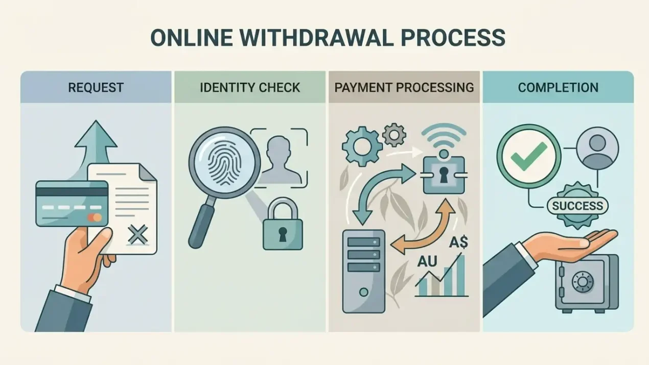 Illustrated withdrawal process with request, verification, processing and completion stages