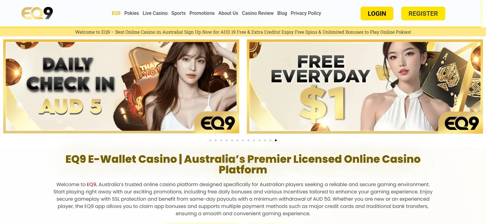 Current EQ9-branded Australian-facing homepage or lobby