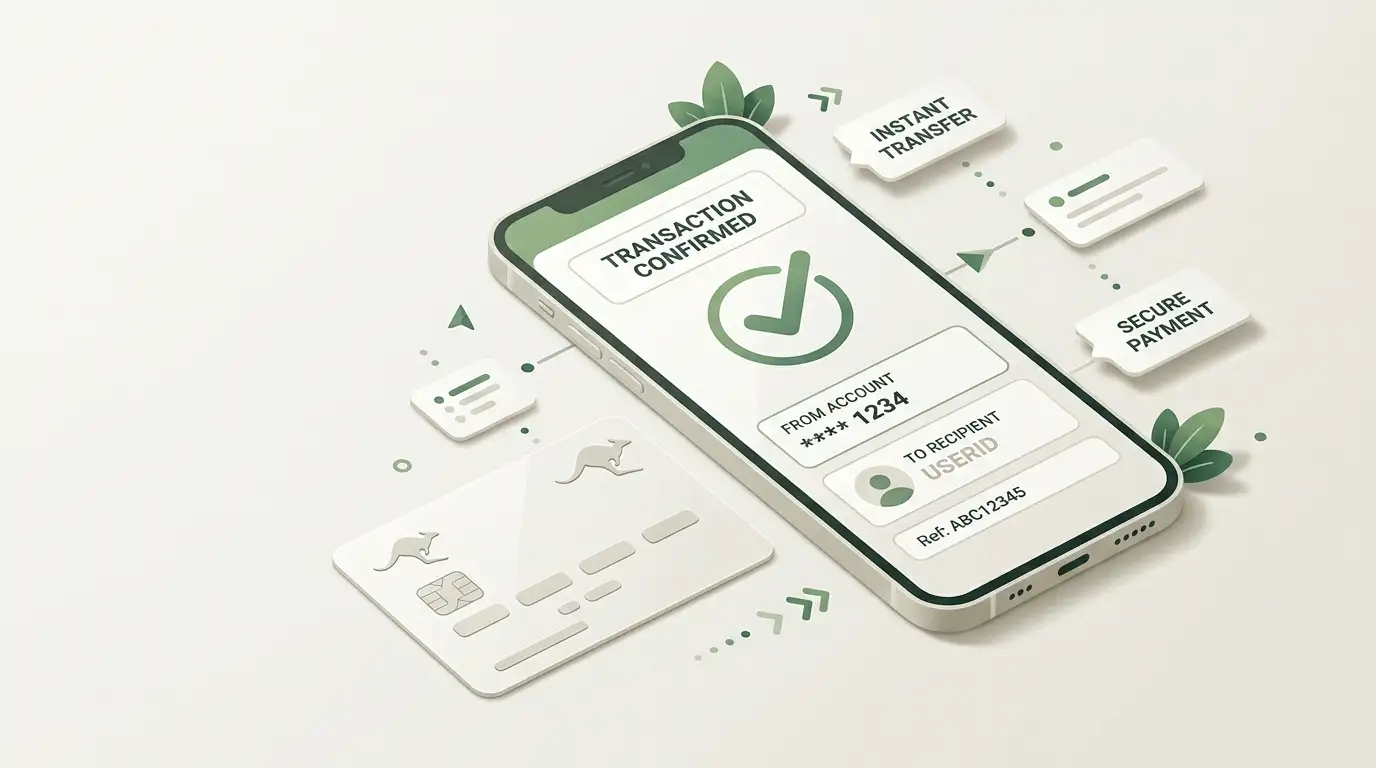 Conceptual Australian bank transfer and PayID-style payment illustration with a phone and AUD context