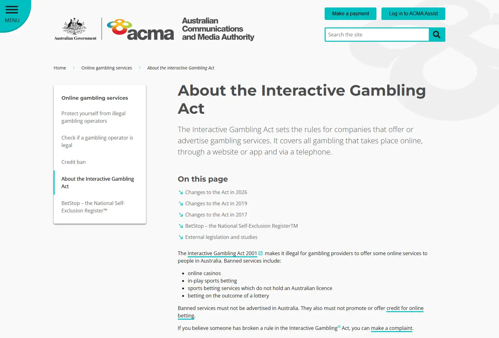 ACMA Interactive Gambling Act page showing online casinos among banned services